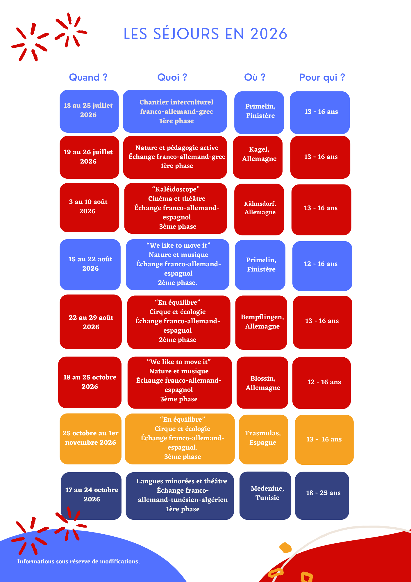 6 calendrier séjours